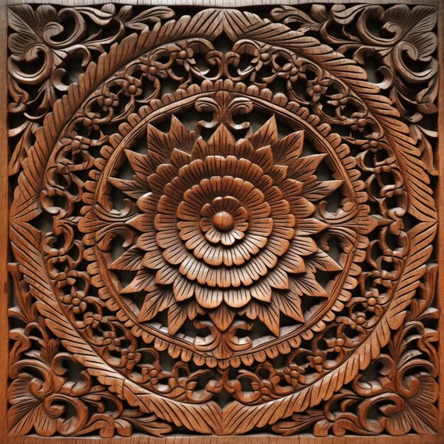 Carvings of a flower and leaves are carved into a wooden panel generative ai