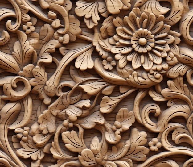 Carvings of flowers and leaves on a wooden panel generative ai