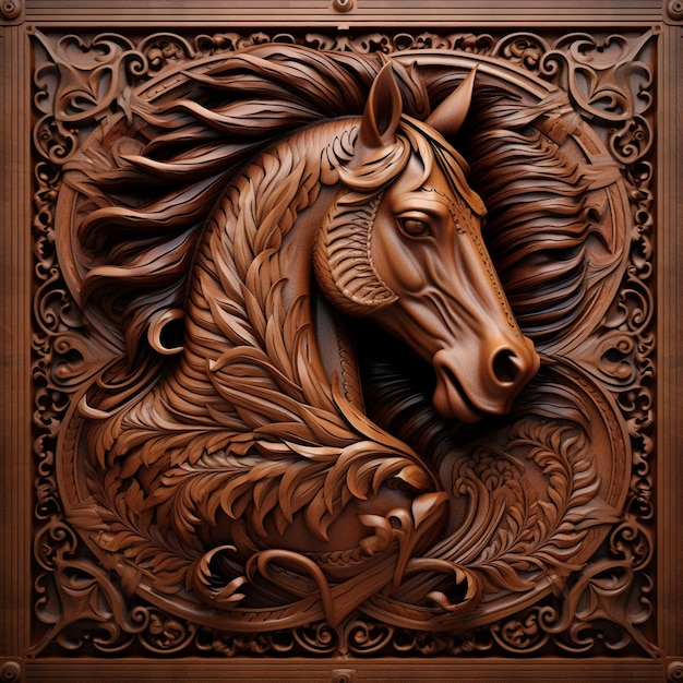 Carvings of a horse head on a wooden panel generative ai