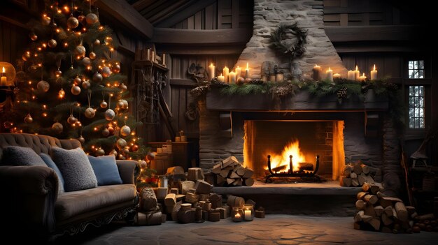 Foto casa decorada con articulos de navidad con chimenea encendida y un arbol con regalos