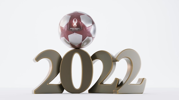 Photo casablanca morocco october 21 2022 soccer ball with qatar 2022 logo on white background golden 2022 world cup