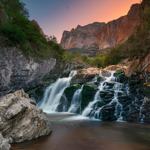 Cascada Cola de Caballo waterfall under Monte Perdido at Ordesa Valley Aragon Huesca Pyrenees of Spa