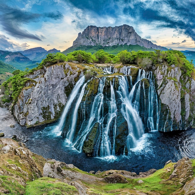 오르데사 계곡에 있는 몬테 페르디도 (Monte Perdido) 아래의 카스카다 콜라 데 카발로 (Cascada Cola de Caballo) 폭포