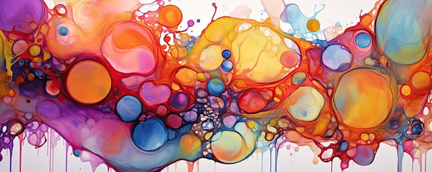 Cascade of abstract droplets in vibrant colors evoking a sense of fluidity and movement panorama