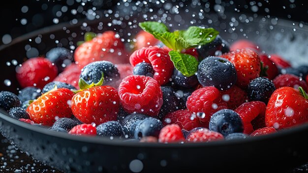 A cascade of colorful berries bursting from a pan frozen in midair creating a visually appealin