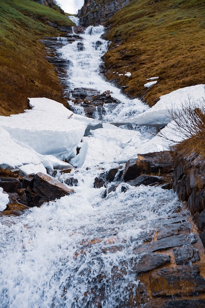 Cascade falls over mossy rocks