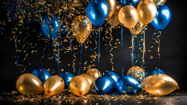 A cascade of golden and blue balloons falling from above accompanied by sparkling confetti and a blurry background