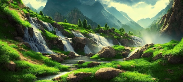 Cascade van de waterval stroomt naar beneden vanaf de helling van de bergen Bergrivieren stromen onder groene gazons en bergtoppen Fantasie waterval panorama 3d illustratie