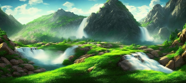 Cascade of the waterfall flows down from the slope of the mountains Mountain rivers flow among green lawns and mountain peaks Fantasy waterfall panorama 3d illustration