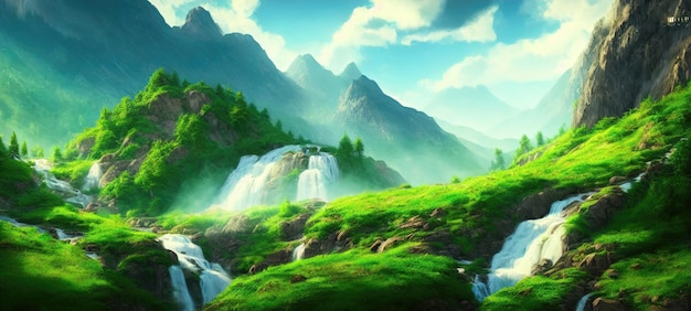 Cascade of the waterfall flows down from the slope of the mountains Mountain rivers flow among green lawns and mountain peaks Fantasy waterfall panorama 3d illustration