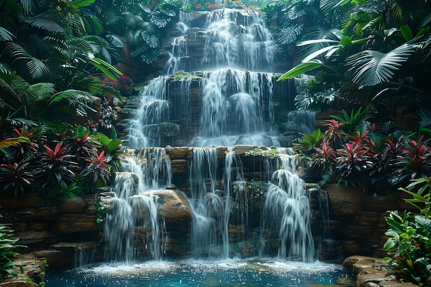 Cascade watervallen in een weelderige tropische omgeving