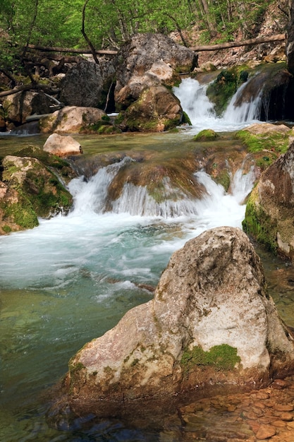 Cascades op de rivier van de lenteberg (Kokkozka-rivier, Grote Krim-Canion, Oekraïne).