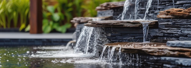 Cascadewaterval in een met bloemen gevulde tuin