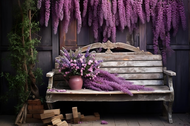 Cascading lavendel bij een verweerde tuinbank