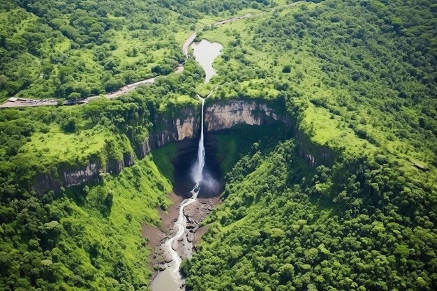 Photo cascading paradise an aerial view of a lush exotic waterfall setting
