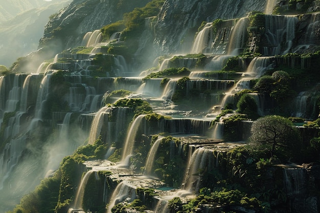 A cascading series of terraced waterfalls