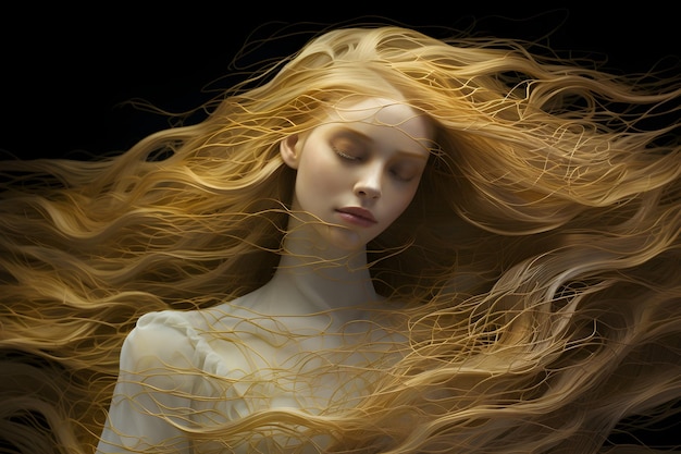 각 머리카락에 어지는 섬세한 실크 가닥 태양빛은 황금색 파도에서 춤을 춘다.