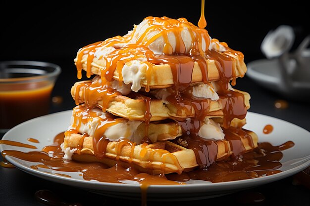 a cascading stream of warm caramel sauce drizzling Ai generated