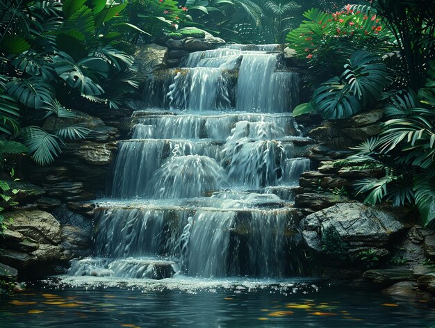 Photo cascading waterfall deep in a tropical rainforest the water blurs with the green