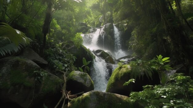 The cascading waterfall in the heart of a rainforest