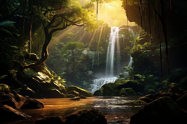 Cascading waterfall hidden within a dense forest sunlight peeking through the tree