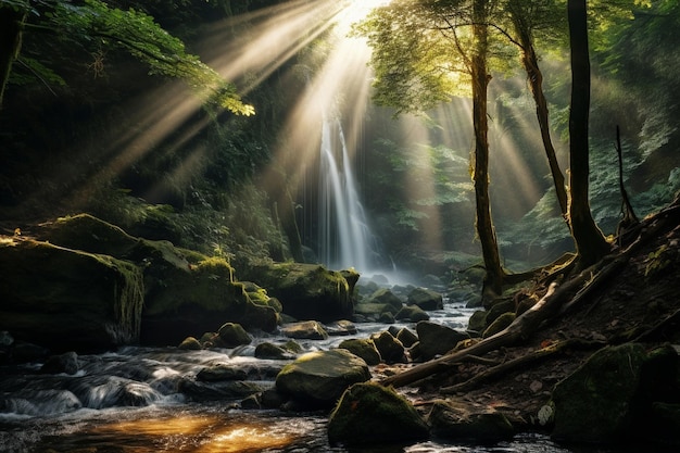 Каскадный водопад, скрытый в густом лесу. Солнечный свет, проникающий сквозь дерево.