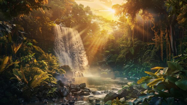 Cascading Waterfall in Lush Jungle