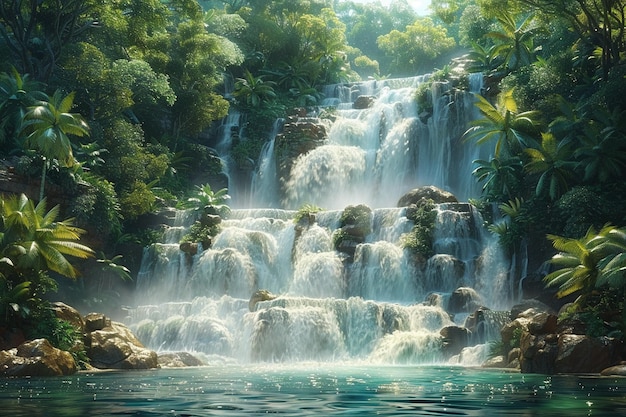 A cascading waterfall in a lush tropical setting