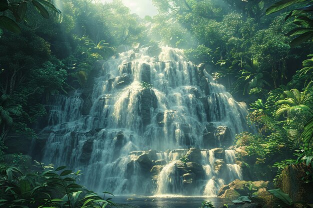 Cascading waterfall in lush tropical setting