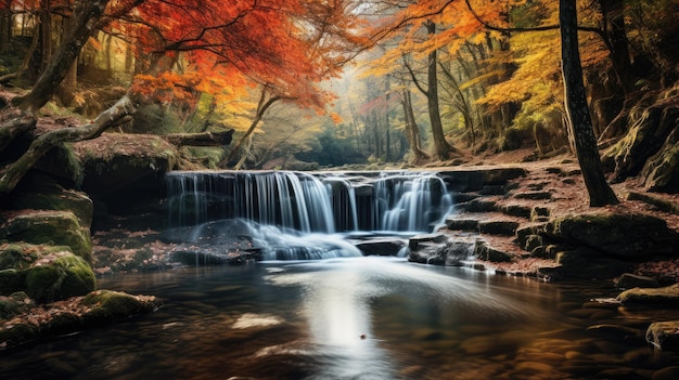 cascading waterfall surrounded by autumnal hues