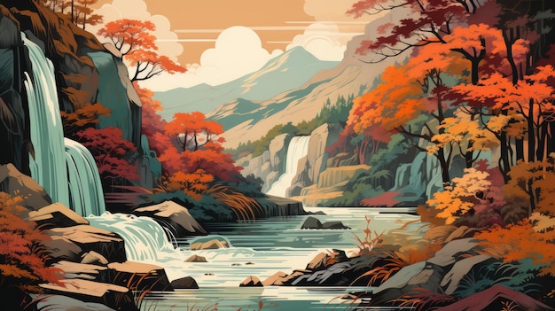 cascading waterfall surrounded by autumnal hues