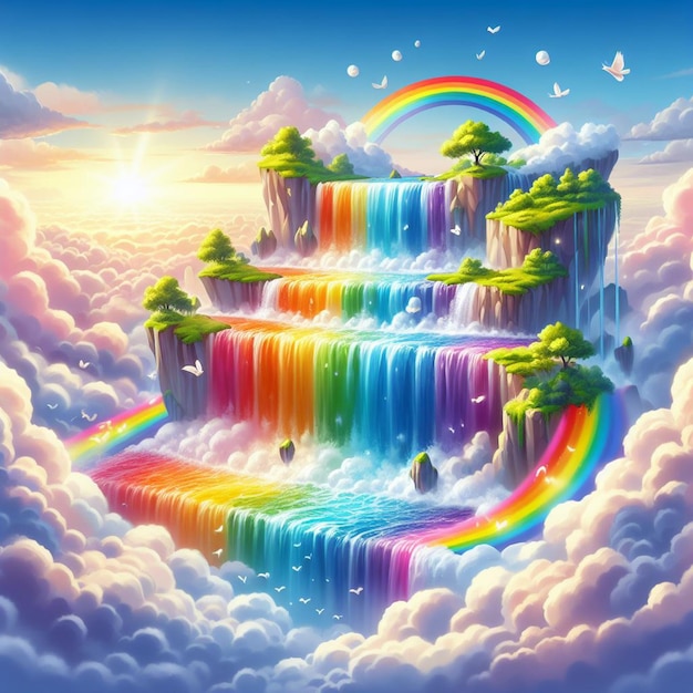 Foto una cascata che scorre in tutti i colori dell'arcobaleno circondata da nuvole e isole galleggianti