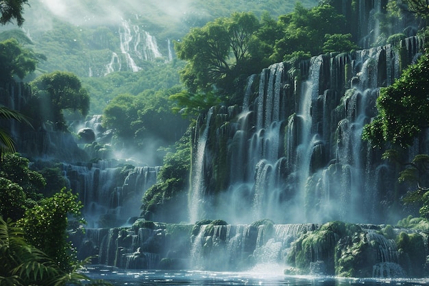 Cascading waterfalls in lush forests octane render