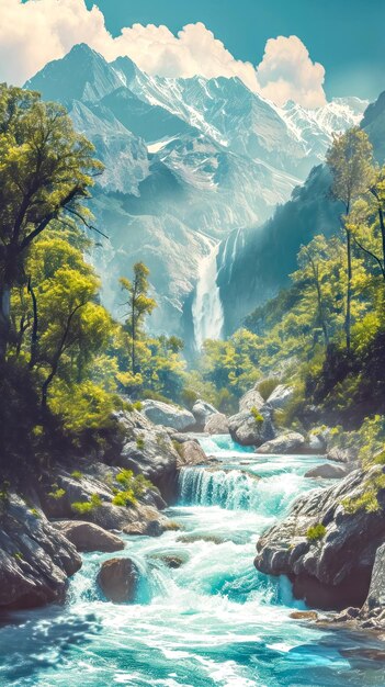 Cascading waterval stroomt door een bergachtig landschap geflankeerd door levendige flora onder een zonneschijn