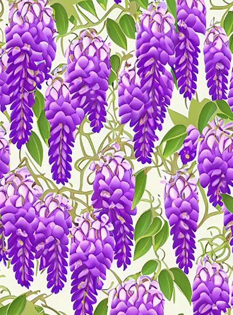 Cascading wisteria vines with clusters of purple flower seamless floral pattern background wallpaper