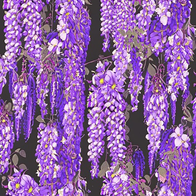 Cascading wisteria vines with clusters of purple flower seamless floral pattern background wallpaper