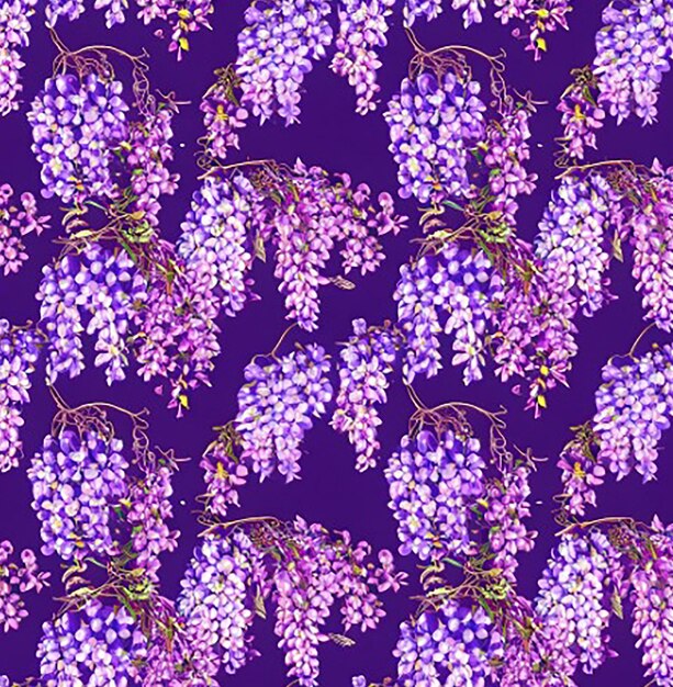 Cascading wisteria vines with clusters of purple flower seamless floral pattern background wallpaper