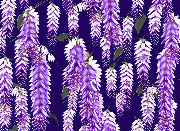 Cascading wisteria vines with clusters of purple flower seamless floral pattern background wallpaper