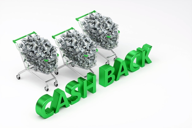 Cash back concept winkelwagentje gevuld met Amerikaanse dollars 3D rendering