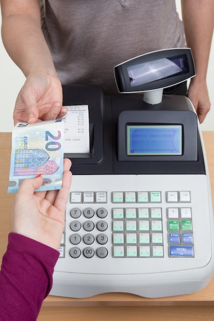 Cash Register, Cashier, Coin. bank note isolated