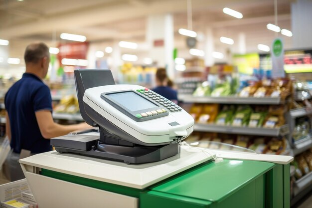 Cash register in a food supermarket close up