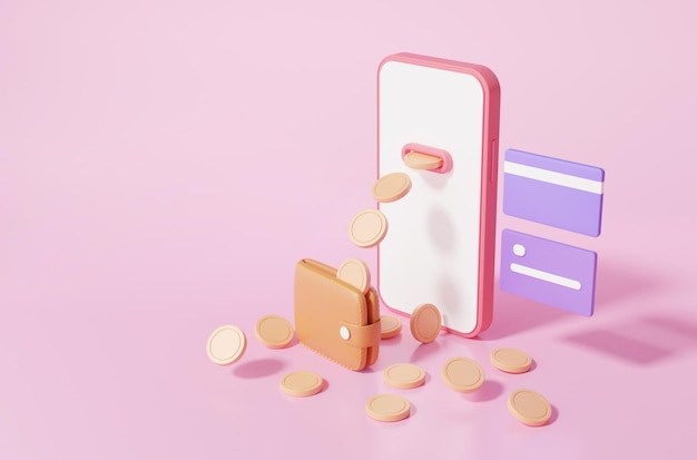 Cashback-concept Smartphone-munten drijvende creditcard Financiënzaken online sparen Betalingsgeldoverdracht via portemonnee op roze achtergrond cartoon minimaal 3d render illustratie