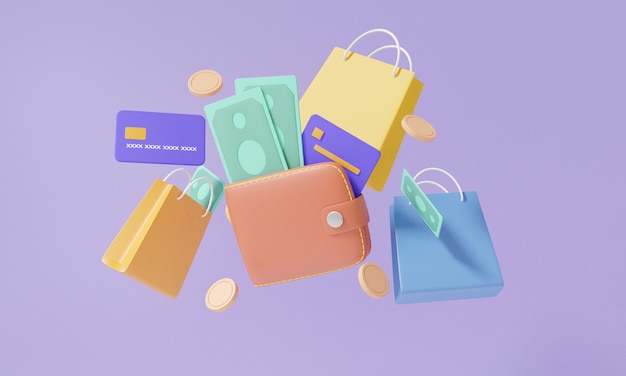 지갑에 캐시백 쇼핑백 부동, 동전, 직불 신용 카드 금융 쇼핑 온라인 지불 개념입니다. 보라색 파스텔 배경, 배너, 그림에. 3d 렌더링