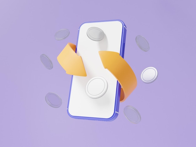 Cashback pijl transactie concept online betalingen munt drijvend op smartphone betaal geld teruggave via app internetbankieren op paarse achtergrond minimale cartoon 3d render illustratie