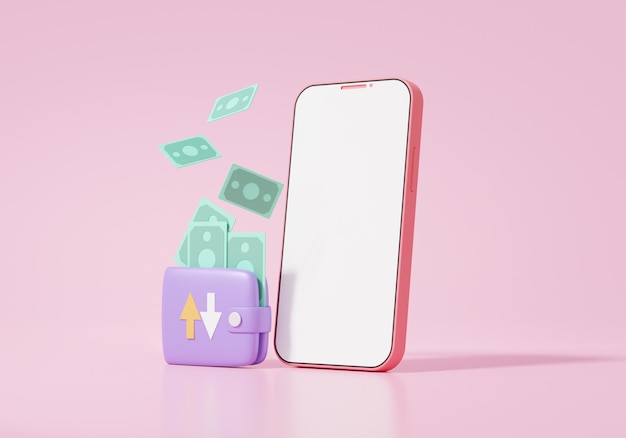 ピンクの背景の3dレンダリングイラストでスマートフォン銀行券金融節約オンライン支払い投資両替転送を使用したウォレットアイコンコンセプトのキャッシュバック