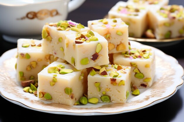 Photo cashew barfi is a traditional indian sweet made with cashew paste sugar and mava or khoya served