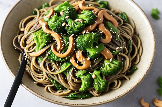 Foto noodle di broccoli di anacardo