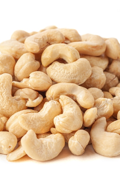 Cashew group. Close-up. White background . Isolated.