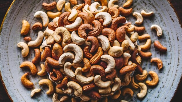 Cashew nuts in ceramic platestop view