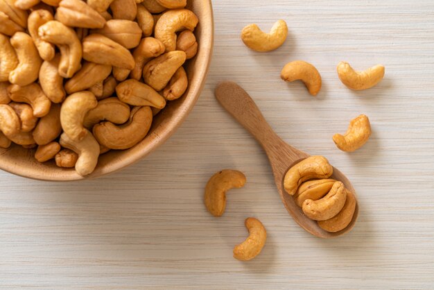 Cashew nuts in wooden bowl